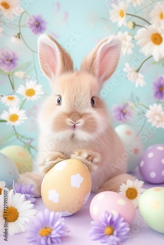 cute fluffy bunny with easter colorful eggs and flowers, easter concept, pastel colors © barinovalena