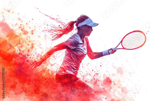 Tennis player in action, woman red watercolour with copy space photo