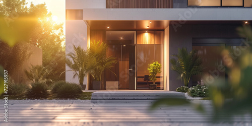 Beautiful modern style luxury home at sunset, featuring entrance and elegant design AI generated © rimsha