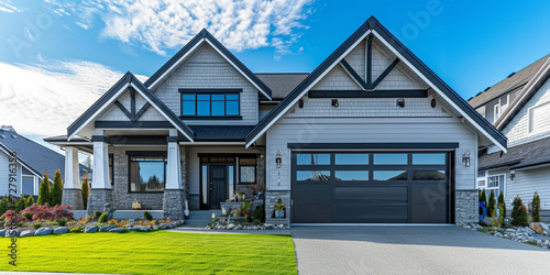 Custom built residential home in Chilliwack BC with double garage doors, light grey siding and rock exterior details. Blue sky background