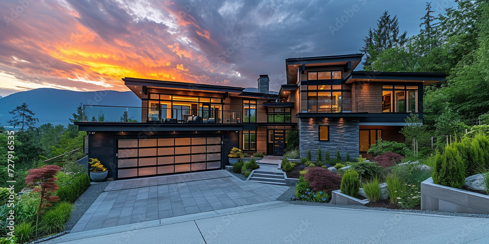 Fraser Valley home built in Vancouver Canada with custom exterior design, glass garage door and cedar shake roofing. Cloudy summer sunset sky background - obrazy, fototapety, plakaty 