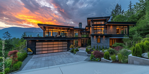 Fraser Valley home built in Vancouver Canada with custom exterior design, glass garage door and cedar shake roofing. Cloudy summer sunset sky background photo