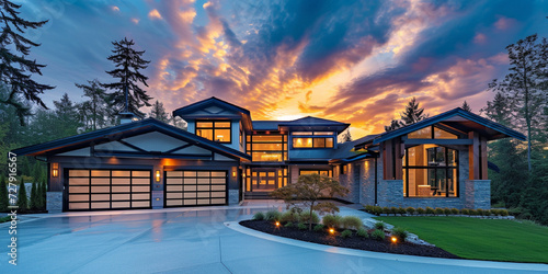 Fraser Valley home built in Vancouver Canada with custom exterior design, glass garage door and cedar shake roofing. Cloudy summer sunset sky background