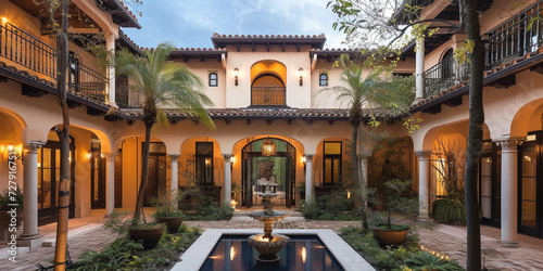 Home architecture design in Mediterranean Style with Courtyard constructed by Stucco and tile material. Andalusian charm