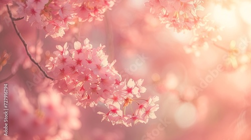 A dreamy, soft-focus shot of cherry blossoms at dawn. 