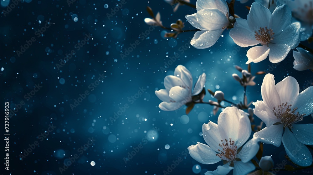 A night-themed floral background with moonlit white flowers against a starry night sky.