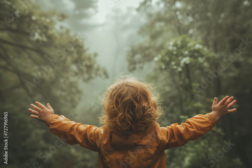 A child spreading arms wide, inhaling refreshing air fully, amidst a backdrop of trees of various sizes, concept of earth preservation, nature, and clean air.