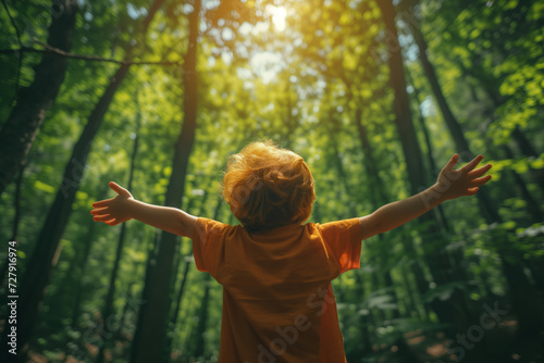 A boy spreading arms wide, inhaling refreshing air fully, amidst a backdrop of vibrant green trees, concept of earth preservation, nature, and clean air.