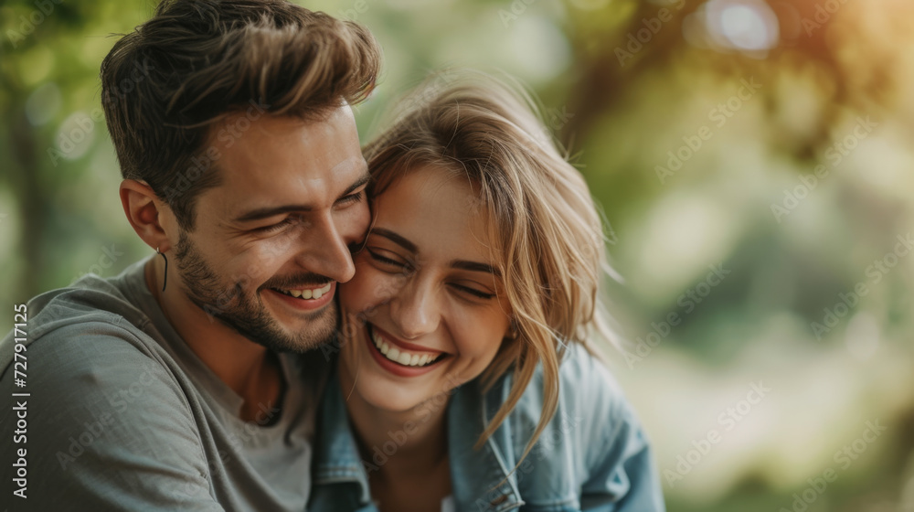 middle-aged couple is sharing a close, joyful moment, laughing and affectionately resting their heads together outdoors with a blurred green background. middle-aged couple is sharing a close, joyful moment, laughing and affectionately resting their heads together outdoors with a blurred green background.