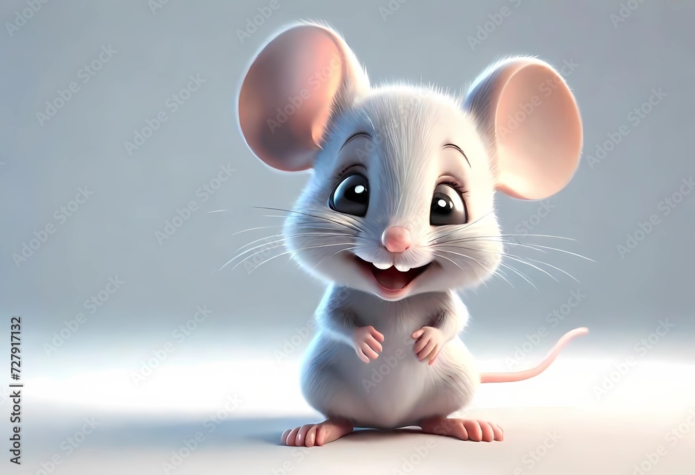 A Adorable 3d rendered cute happy smiling and joyful baby mouse  cartoon character on white backdrop