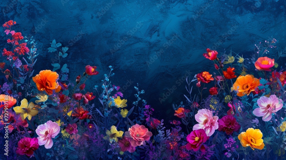Fototapeta premium An underwater-inspired floral scene with coral-like flowers in vibrant colors against a deep sea blue background. 