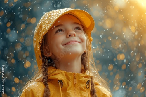 A vibrant young woman beams with joy as she gazes up at the sky, her yellow raincoat adding a cheerful pop of color to the portrait of her beaming human face photo