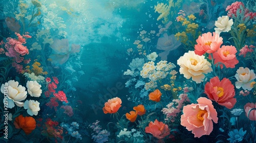 An underwater-inspired floral scene with coral-like flowers in vibrant colors against a deep sea blue background. 