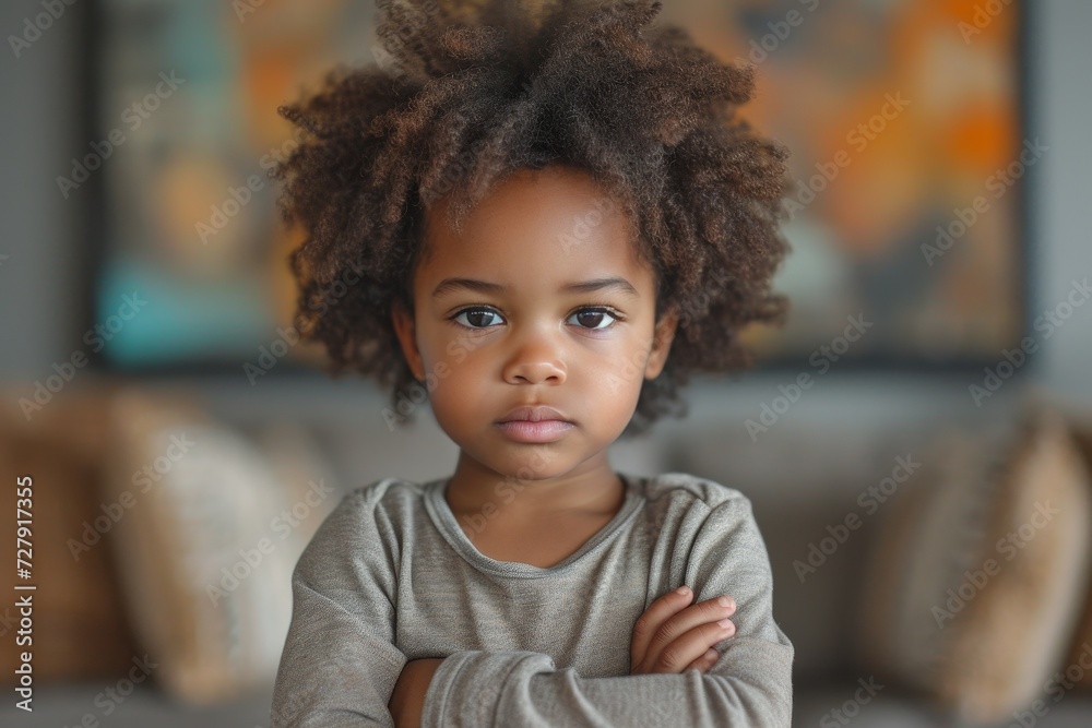 A spirited toddler, with wild curls and a determined expression, stands confidently with crossed arms, showcasing their unique sense of style and youthful confidence