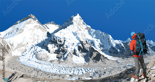 mount Everest Lhotse and Nuptse from Nepal side as seen from Pumori base camp with hiker, vector illustration, Mt Everest 8,848 m, Khumbu valley, Sagarmatha national park, Nepal Himalaya mountain photo