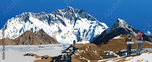 Mount Lhotse south rock face, glacier and three hikers, vector illustration, Khumbu valley, Everest area, Nepal himalayas mountains