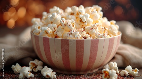Striped bowl of popcorn on an old wooden background. A box of salty or sweet popcorn on a dark background.