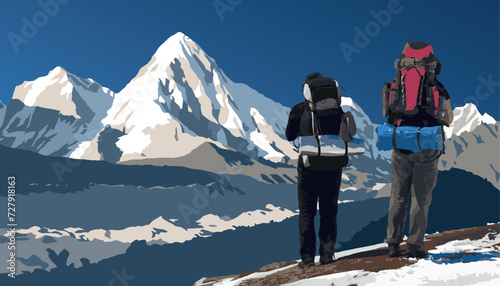 Khumbu glacier, Mount Pumori peak and two hikers on the way to Mt Everest base camp, vector illustration, Khumbu valley, Sagarmatha national park, Nepal Himalayas mountains