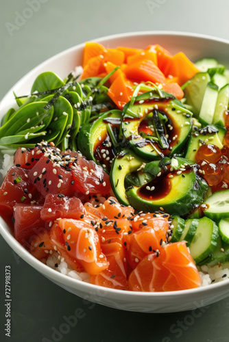 Vibrant Poke Bowl Delight, street food and haute cuisine photo