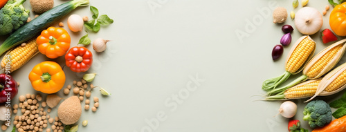 Wide view from above banner image of Vegetarian Day food banner with different types of vegetables and fruit items in a manner on white color wooden table mockup at the middle