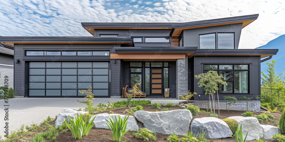 New modern style gray home built in Chilliwack British Columbia Canada showing custom exterior siding and rockwork front door details - obrazy, fototapety, plakaty 