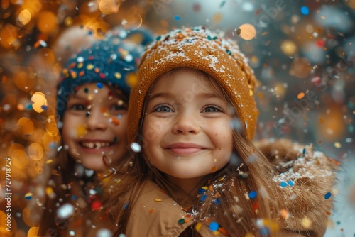 Joyful expressions and festive hats adorn two young girls as they revel in the magic of christmas eve, surrounded by falling confetti and dressed in holiday clothing