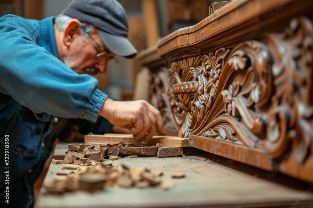 Carpenter restoring antique furniture with meticulous care, preserving history and craftsmanship through sustainable practices. - obrazy, fototapety, plakaty 