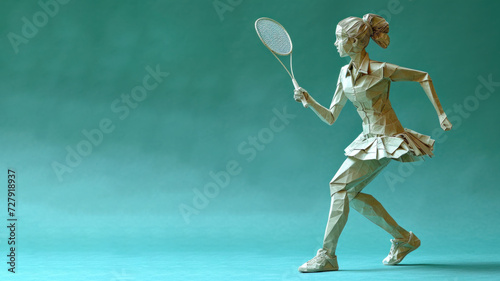 Badminton woman athlete exercise, origami art with copy space