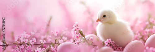 easter chicken and eggs, in oink pastel bokeh composition for banner. Generative AI