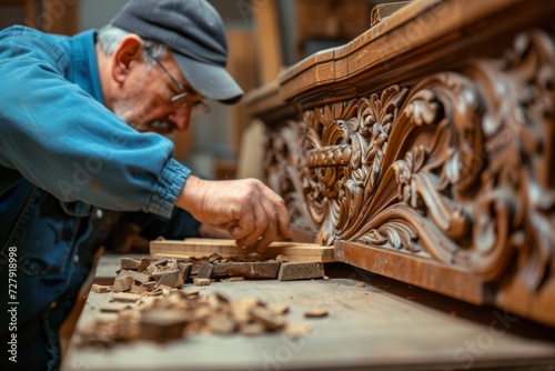 Carpenter restoring antique furniture with meticulous care, preserving history and craftsmanship through sustainable practices.