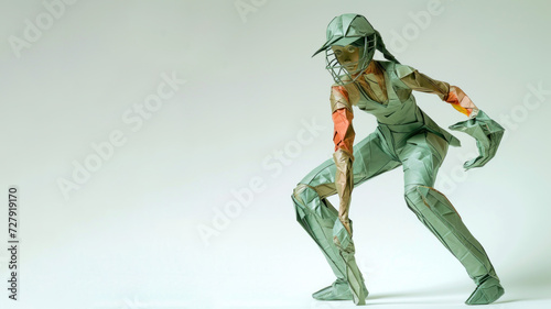 Cricket woman athlete exercise, origami art with copy space