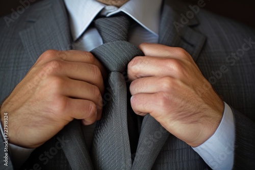 Close-up of a businessman adjusting his tie, focusing on the hands and the tie, symbolizing preparation and professionalism in the business world.