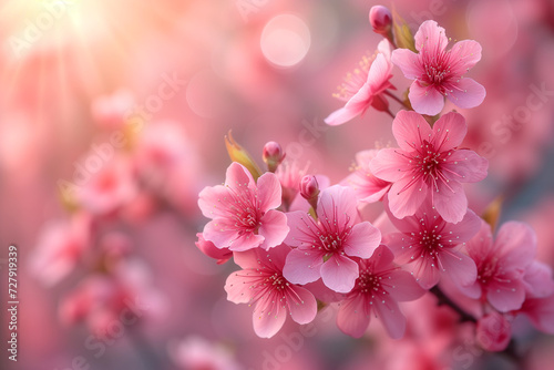Group of purple flowers. Cherry flowers bokeh background. Nature background