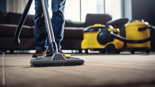 A cleaner cleans and cleans the carpet with a vacuum cleaner in a private house or apartment.