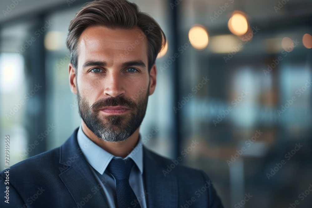 Close-up of a corporate lawyer with a confident and professional expression, in an elegant office setting Close-up of a corporate lawyer with a confident and professional expression, in an elegant office setting