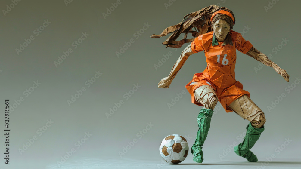 Soccer woman athlete exercise, origami art with copy space