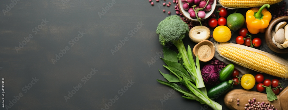 Wide view from above banner image of Vegetarian Day food banner with different types of vegetables and fruit items in a manner on black color wooden table mockup - obrazy, fototapety, plakaty 