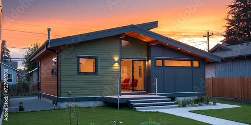 Small affordable home built in Vancouver with green siding exterior design. Summer orange sunset sky background photo
