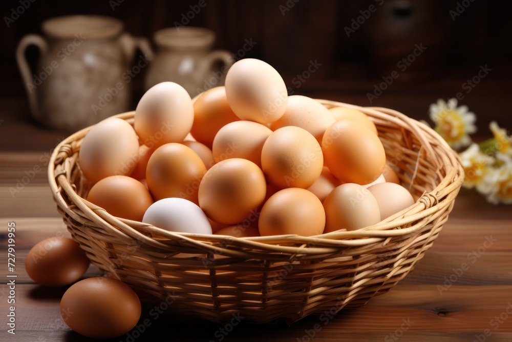 A rustic composition of wicker basket filled with a variety of fresh farm eggs on a wooden table.
