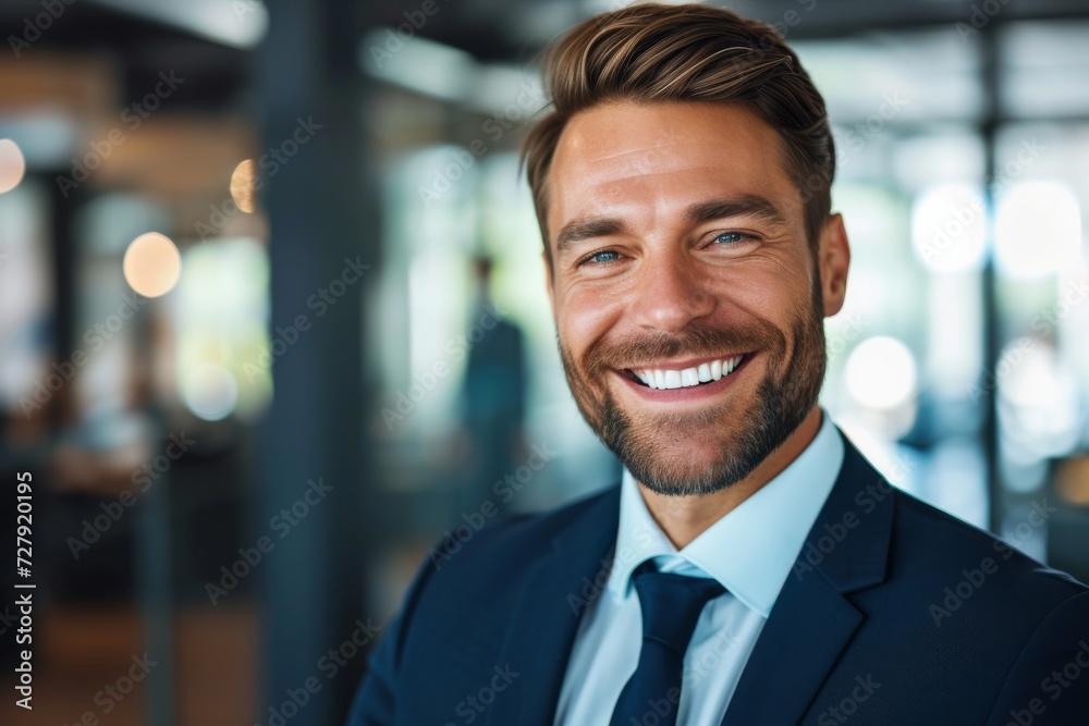 Close-up portrait of a successful businessman with a confident smile, wearing a suit and tie, inside a modern office environment. Close-up portrait of a successful businessman with a confident smile, wearing a suit and tie, inside a modern office environment.