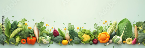 Wide view from above banner image of Vegetarian Day food banner with different types of vegetables and fruit items in a manner on sky background mockup