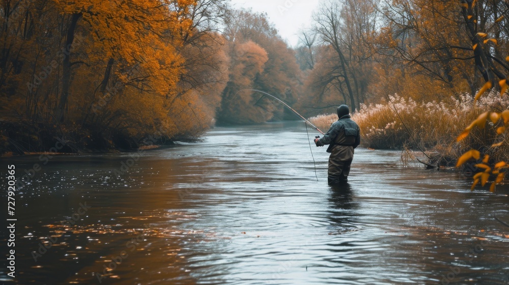 Fly fisherman fishing for Atlantic Salmon on the Margaree River in the fall.