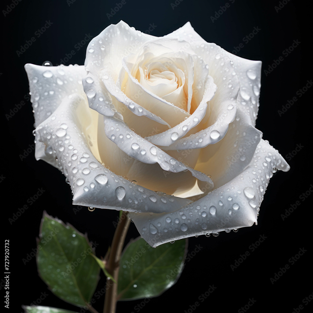 A close-up of a white rose blossom with water droplets on it isolated on a black background background A close-up of a white rose blossom with water droplets on it isolated on a black background background
