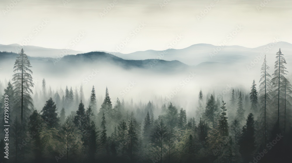 Vintage background with foggy forest, dark trees and mountains.
