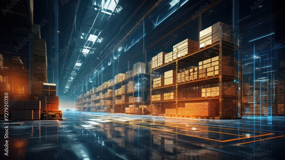 Futuristic warehouse. Modern technology background.