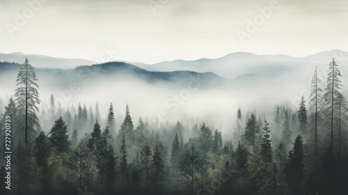 Vintage background with foggy forest  dark trees and mountains.