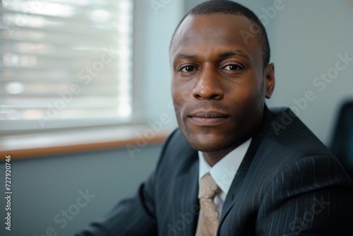 Detailed portrait of a professional mediator with a calm and neutral expression, in a conflict resolution office.