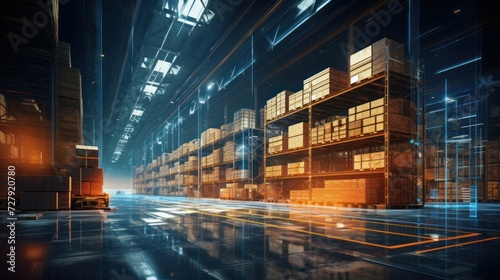 Futuristic warehouse. Modern technology background.