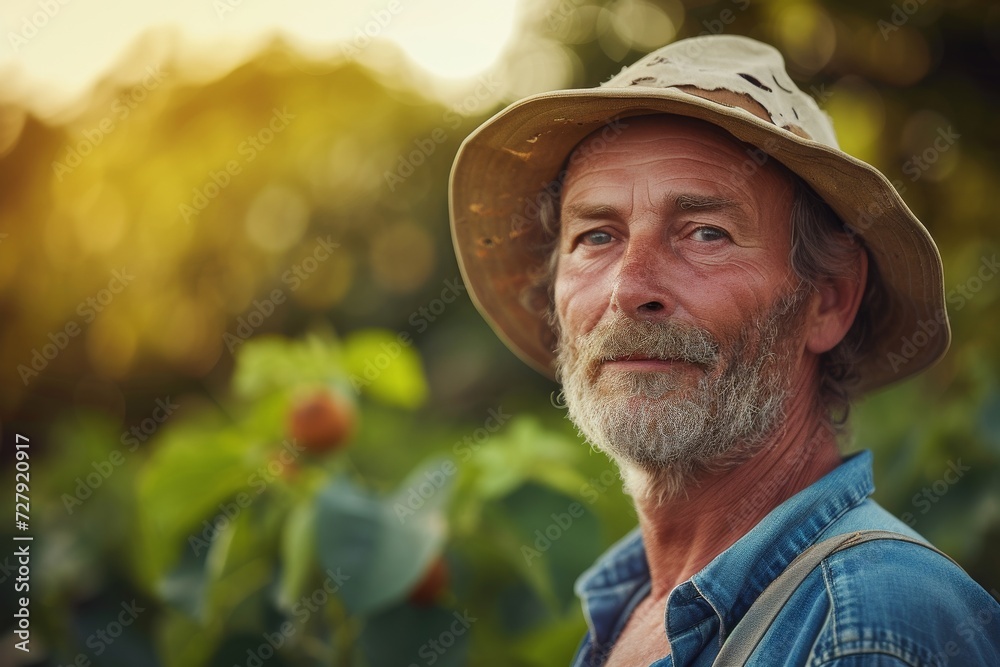 Detailed portrait of an agricultural expert with a knowledgeable and committed expression, in a sustainable farm environment.
