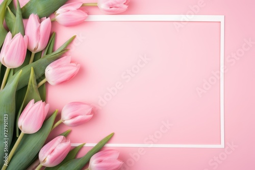 Empty frame for your text with pink tulip bouquet. Template for holiday greeting card. Love romance. Top view, copy space, Valentine's day, Mother's day, Women's Day and love concept
